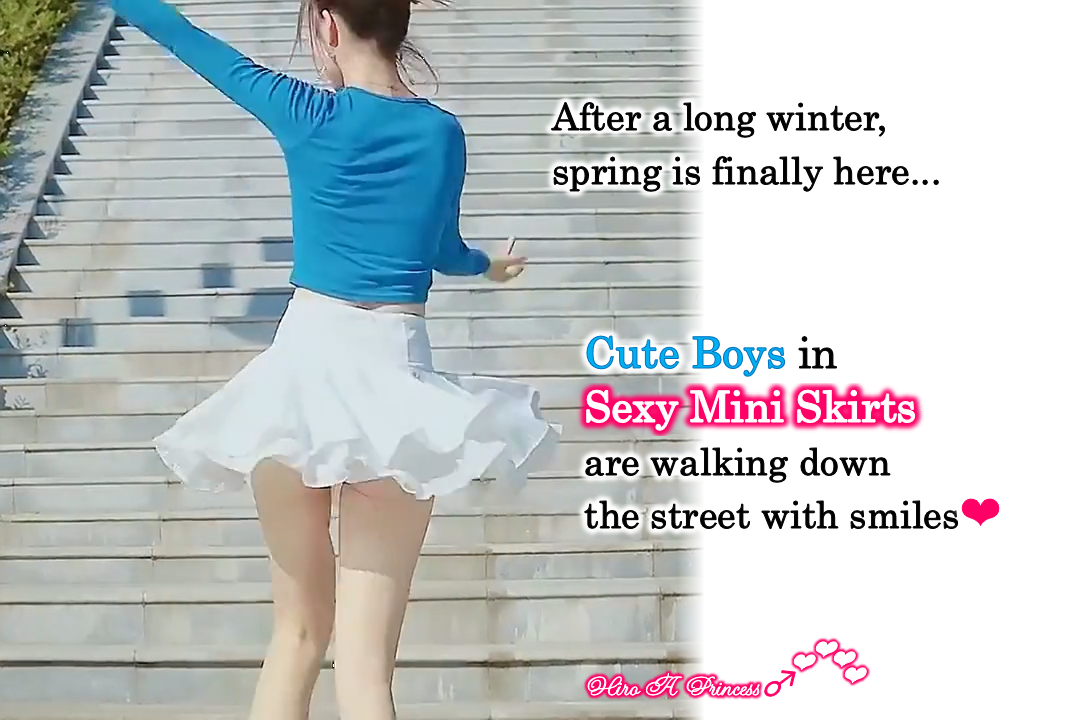 Cute Boys in Sexy Mini Skirts are walking down the street with smiles E