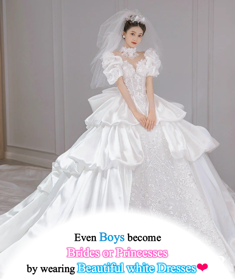 Even Boys become Brides or Princesses by wearing Beautiful white Dresses E